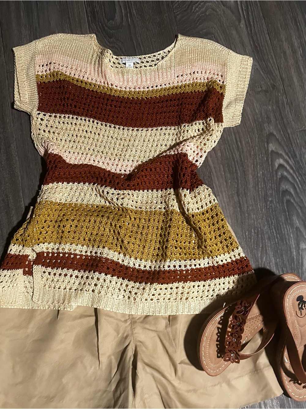 Open-Knit Short Sleeve Tunic in Cream, Rust & Mustard